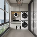 Modern Home Balcony Laundry Space With Washing Machine Dryer Storage Cabinets And Large Window