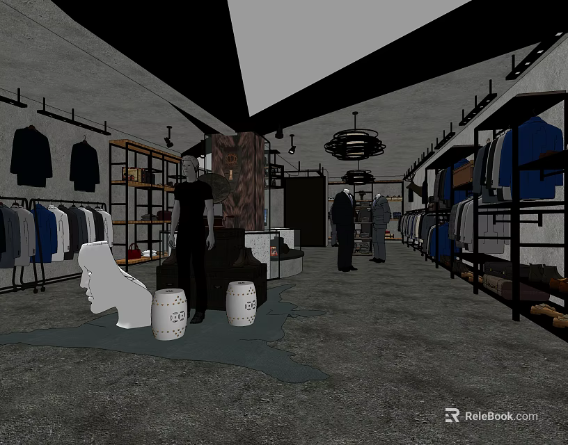 Modern Clothing Store Interior With Hanging Clothes Display Racks Mannequins And Stylish Decor 3d model 
