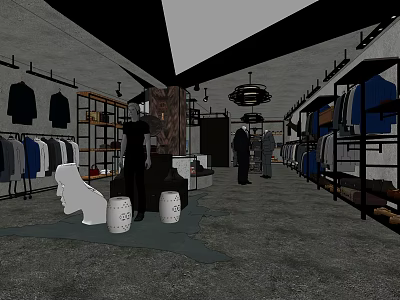 Modern Clothing Store Interior With Hanging Clothes Display Racks Mannequins And Stylish Decor 3d model