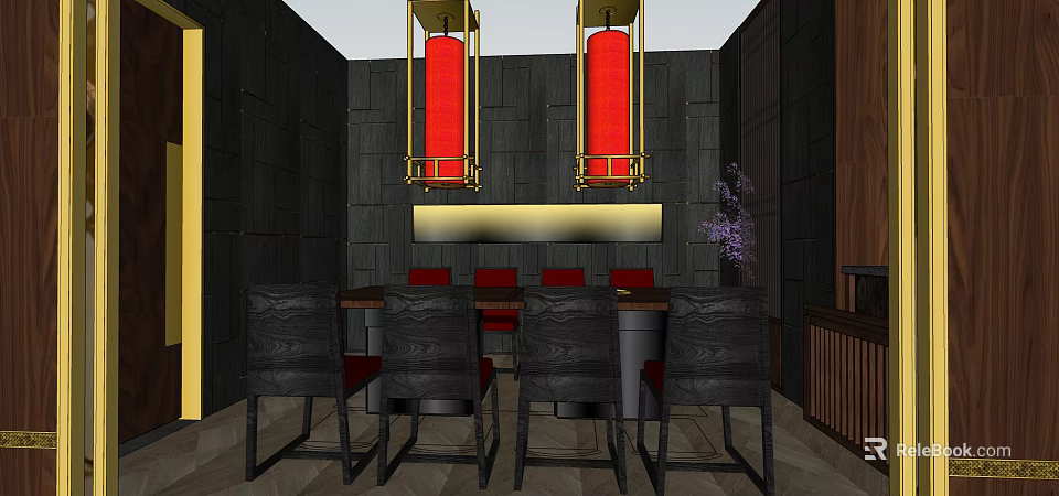 Chinese Style Hotpot Restaurant Interior With Red Pendant Lights And Dark Wooden Decor 3d model 
