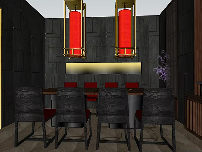 Chinese Style Hotpot Restaurant Interior With Red Pendant Lights And Dark Wooden Decor 3d model