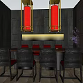 Chinese Style Hotpot Restaurant Interior With Red Pendant Lights And Dark Wooden Decor