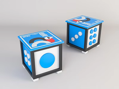 Two Cube Shaped Coffee Tables With Blue White Black Color Penguin Design And Circular Dots 3d model