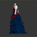 Elegant Dress With Red Vest White Sleeves Blue Layered Skirt And Red Bows