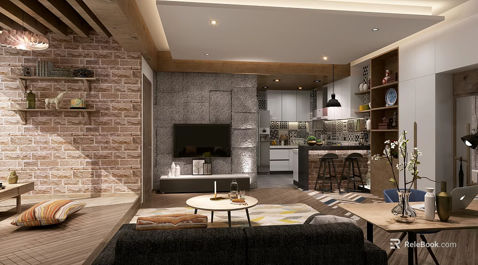 Modern Industrial Living Room With Exposed Brick Wall Cozy Sofa And Open Integrated Kitchen 3d model 