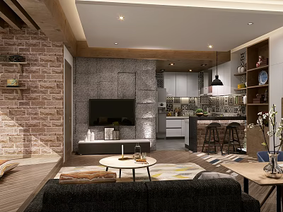 Modern Industrial Living Room With Exposed Brick Wall Cozy Sofa And Open Integrated Kitchen 3d model
