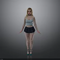 Blonde Woman Wearing Light Blue Tank Top Dark Blue Plaid Skirt And High Heels