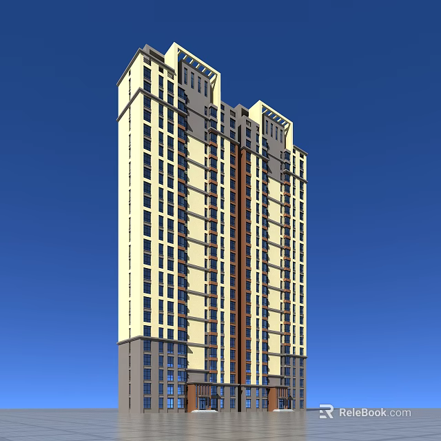 High Rise Modern Residential Building Exterior Design With Beige Brown Facade And Blue Sky Background 3d model 
