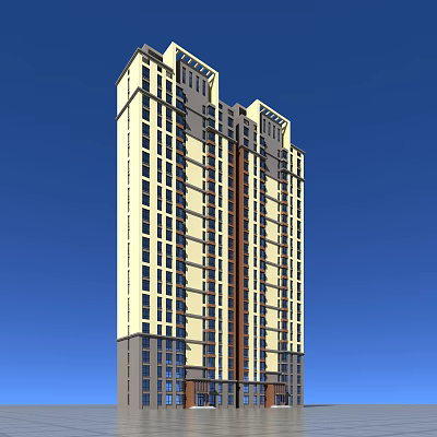 High Rise Modern Residential Building Exterior Design With Beige Brown Facade And Blue Sky Background 3d model