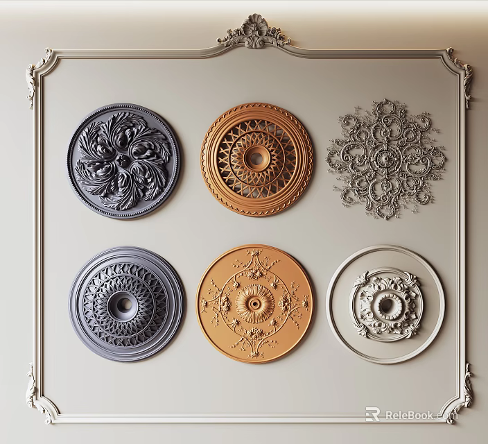 Ornate Ceiling Medallions In Various Designs And Assorted Colors On Decorative Frame 3d model 