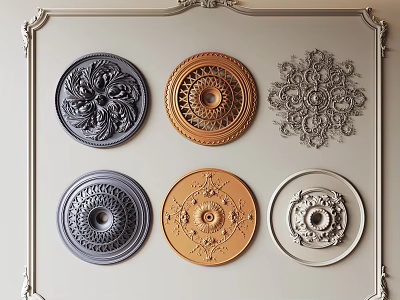 Ornate Ceiling Medallions In Various Designs And Assorted Colors On Decorative Frame 3d model
