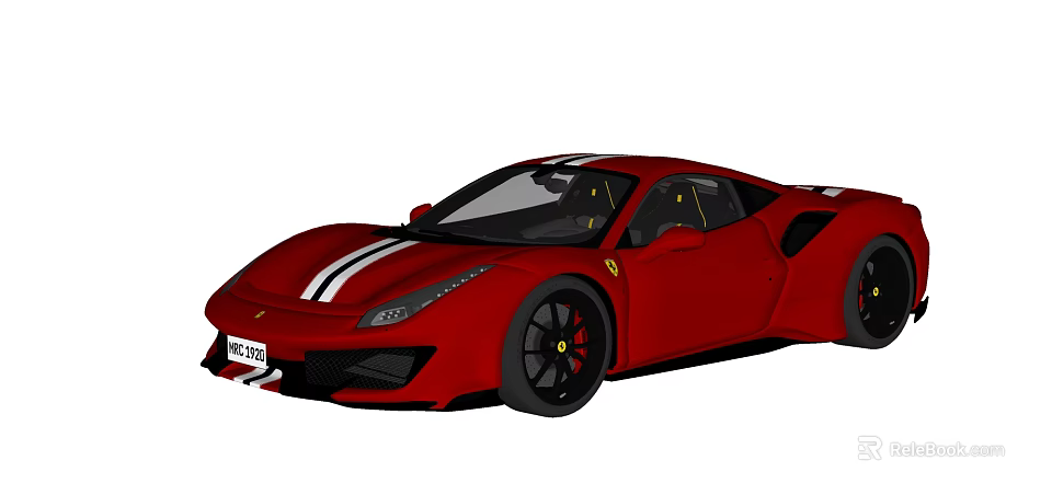 Red Ferrari Sports Car With White Stripes And Black Alloy Wheels 3d model 
