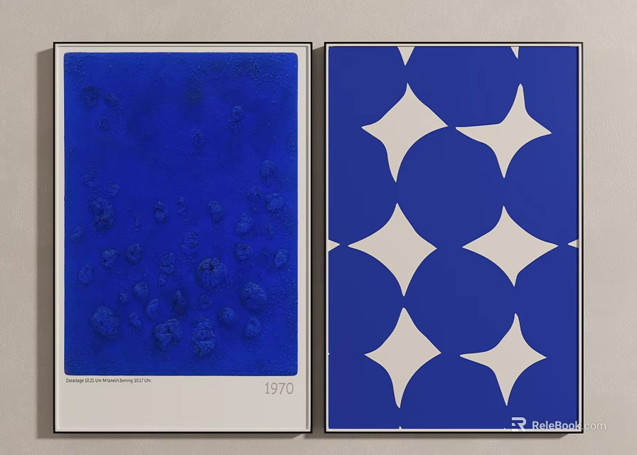 Two Blue Art Posters With Abstract Spots And Geometric Patterns From 1970 3d model