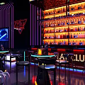 Futuristic KTV Interior With Neon Lighting Comfortable Seating And Large Screens