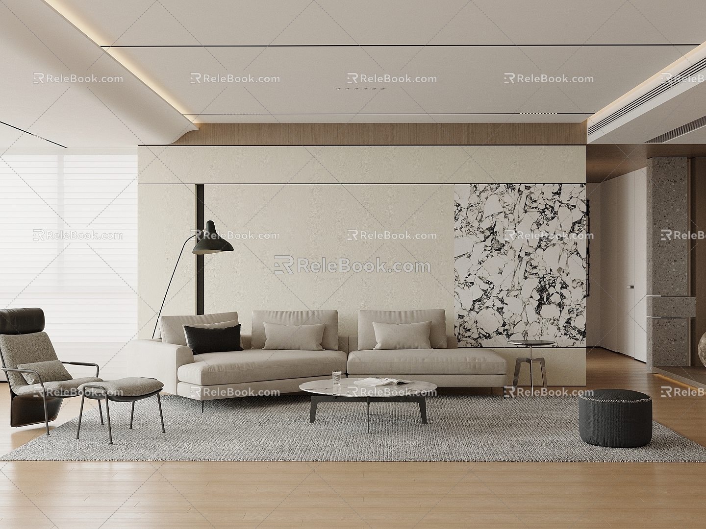 Living room floor marble venetian blinds floor lamp leisure chair sofa combination coffee table carpet 3d model