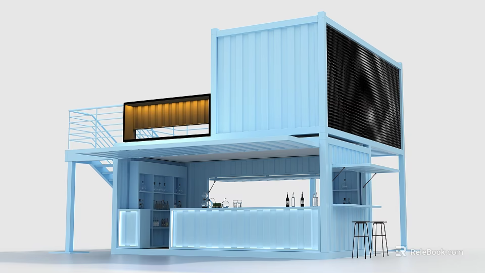 Blue Container Building Converted Into Modern Bar With Stairs Counter And Stools 3d model