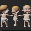 Cute Baby 3D Model Showing Three Angles With Blonde Hair White Diaper And Arms Outstretched