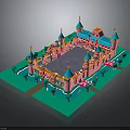 Colorful Castle Architecture with Pink Blue Turrets Central Open Square Green Lawns and Decorative Details