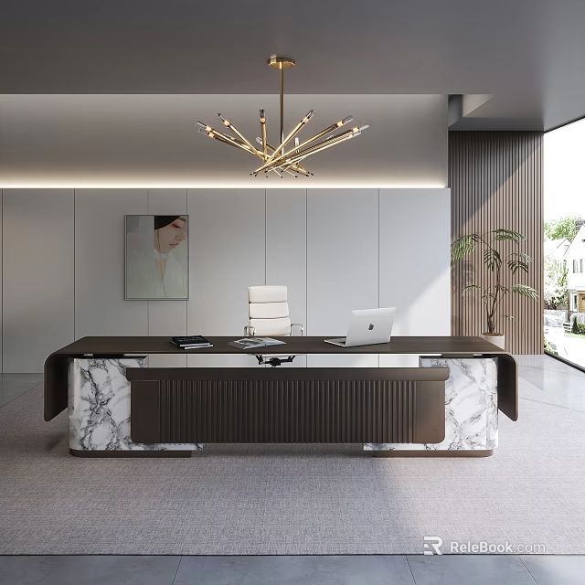 Modern Office Desk With Marble Accents Laptop White Chair Artwork And Pendant Light 3d model 