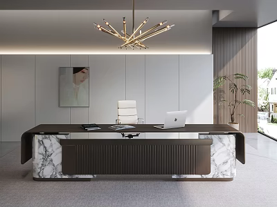 Modern Office Desk With Marble Accents Laptop White Chair Artwork And Pendant Light 3d model