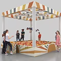 Vibrant Colorful Striped Pavilion With Fruit Stand And People Interacting