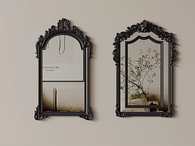 Ornate Black Mirrors With Carved Frames Displaying Plant And Pillow In Interior Decor 3d model