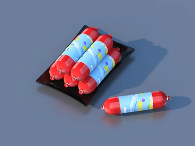 Red and Blue Packaged Sausages on Black Plate with Several and One Separate 3d model