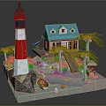 Cartoon Scene With Red White Lighthouse Blue Roof House Palm Trees Small Boat And Floating Balls