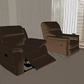 Two Brown Leather Massage Chairs With Reclined Footrest And Gray Walls Curtains Blinds