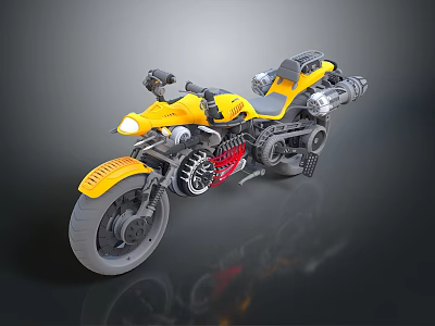 Yellow Motorcycle Modern Futuristic Design With Red Engine Black Seat Exhaust Pipes Headlight And Tires 3d model