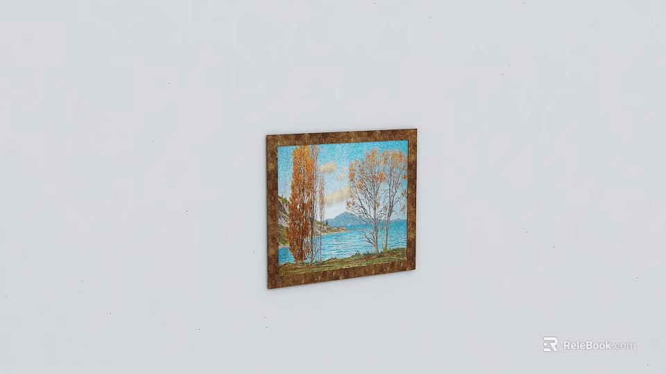 Landscape Painting With Trees Blue Water Distant Mountains And Wooden Frame On White Wall 3d model 
