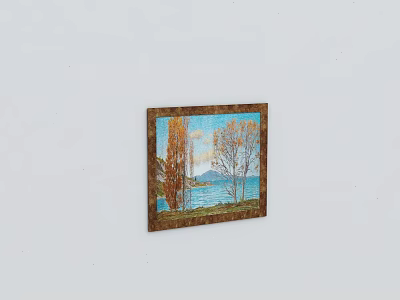 Landscape Painting With Trees Blue Water Distant Mountains And Wooden Frame On White Wall 3d model