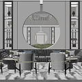 Elegant Modern Sales Office Interior Design With Circular Mirror Chandelier Sofas Armchairs And Green Plants