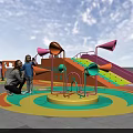 Colorful Interactive Play Area with Slides Circular Structures Playful Flags and Children Playing 3d model