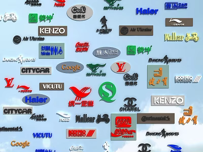 Diverse Collection of Famous Brand Logos Displayed on Blue Background 3d model