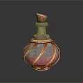 Elegant Decorative Glass Bottle With Red Transparent Body And Gold Accents And Cork Stopper