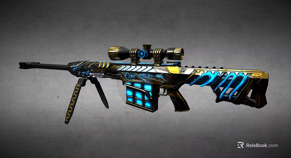 Ornate Decorative Rifle with Blue Gold Patterns Scope Magazine and Stock Design 3d model 