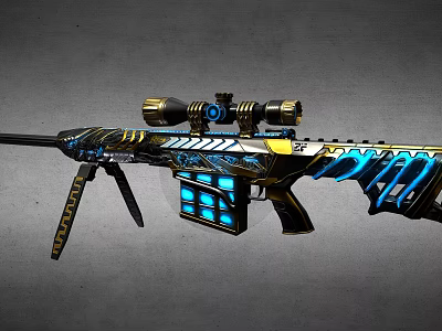 Ornate Decorative Rifle with Blue Gold Patterns Scope Magazine and Stock Design 3d model