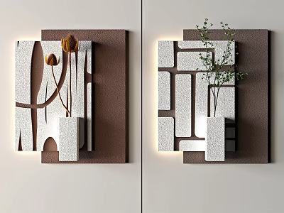 Modern Wall Decor With Geometric Patterns White Brown Lighting And Decorative Plants 3d model