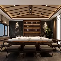 Chinese Style Private Dining Room With Wooden Ceiling Round Table And Green Plant