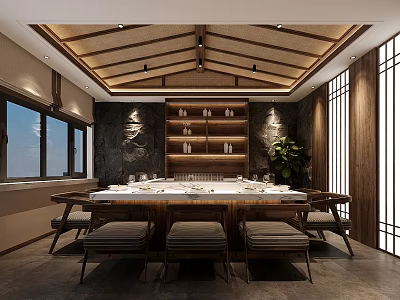 Chinese Style Private Dining Room With Wooden Ceiling Round Table And Green Plant 3d model