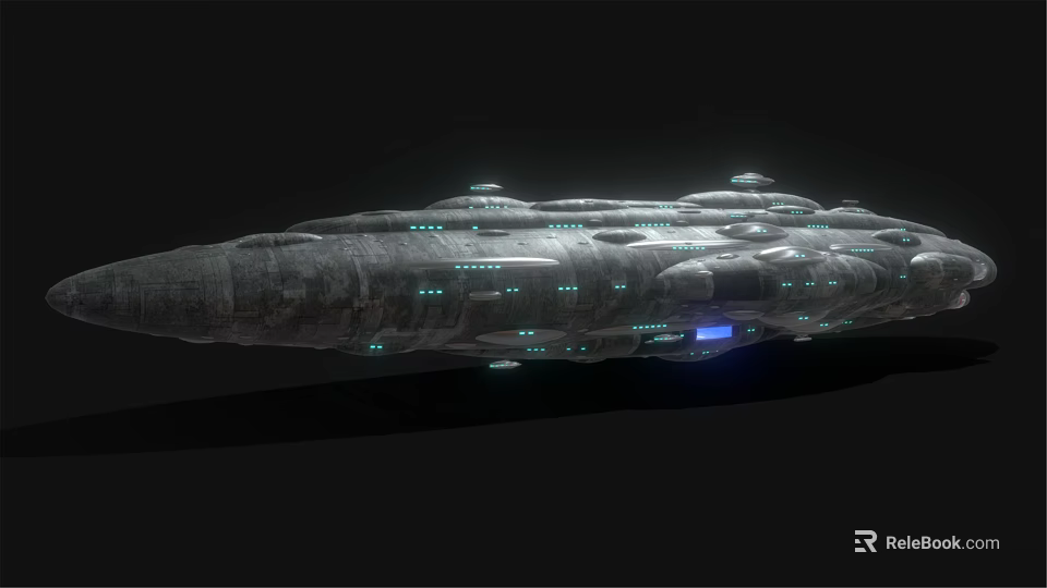 Science Fiction Warship with Metallic Texture Surface Structures and Glowing Blue Lights Against Black Background 3d model 