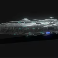 Science Fiction Warship with Metallic Texture Surface Structures and Glowing Blue Lights Against Black Background