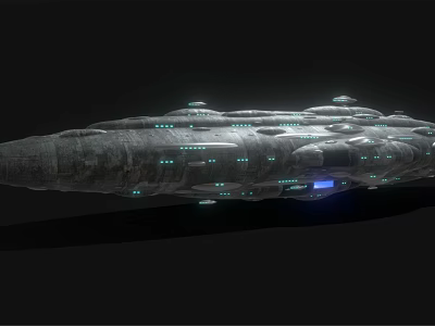 Science Fiction Warship with Metallic Texture Surface Structures and Glowing Blue Lights Against Black Background 3d model