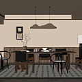Modern Restaurant Interior With Dining Table Chairs Pendant Lights Wall Art And Rug