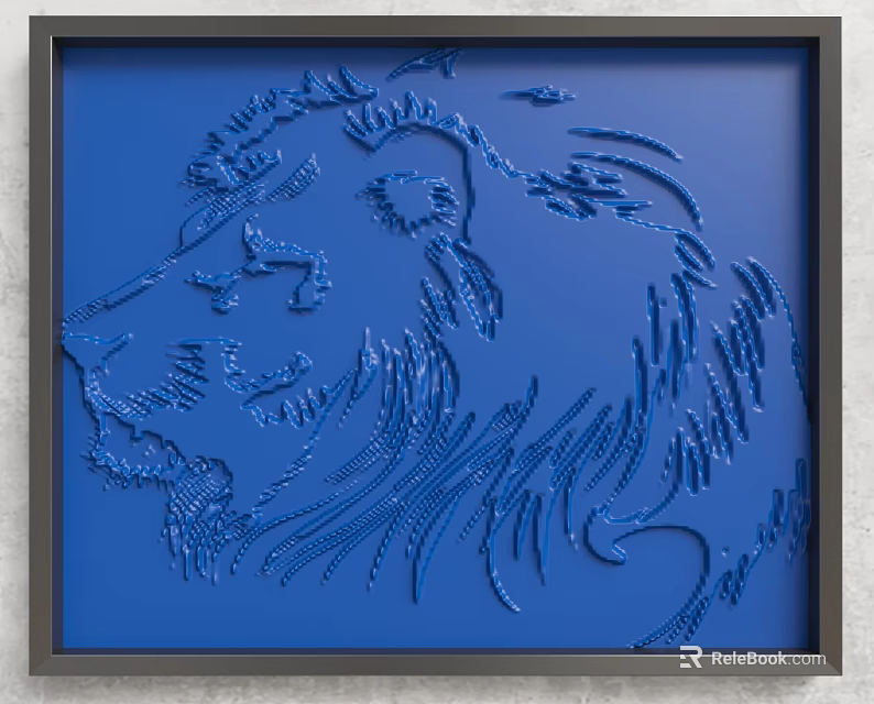 Interior Wall Featuring Blue Lion Head Relief With Black Frame 3d model 