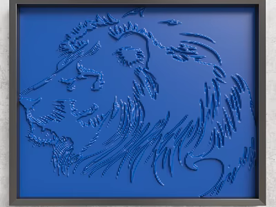 Interior Wall Featuring Blue Lion Head Relief With Black Frame 3d model