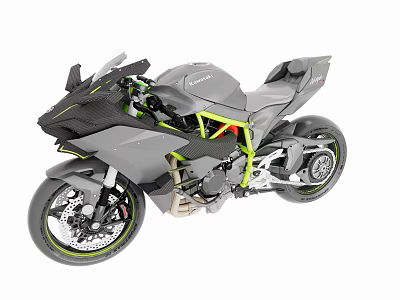 Modern Gray Motorcycle with Green Accents and Sleek Sporty Design 3d model