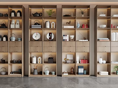 Modern Wooden Decorative Cabinets With Shelves Displaying Tea Sets Books And Green Plants 3d model