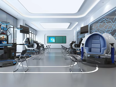 School Futuristic Tech Classroom with VR Equipment Blue Seats Electronic Screens and Projection 3d model